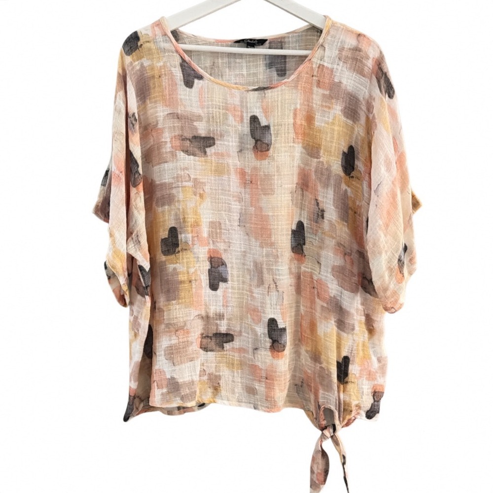 Charlie B Women XXL Abstract Print Side Tie Cotton Modal Gauze Crewneck‎ Top